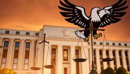 Eagle and scales of justice in front of the federal court building, symbolizing law and authority.