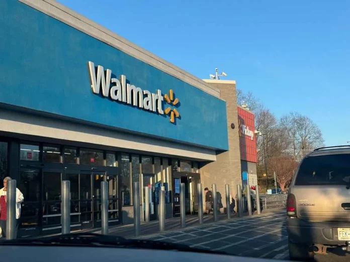 Exterior view of a Walmart store, a popular retail destination in the United States, featuring its recognizable logo.