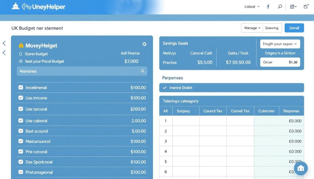 MoneyHelper Budget Planner tool showing income and expense categories, savings goals, and financial planning features for UK users