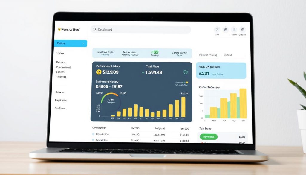 PensionBee dashboard showing pension consolidation, retirement planning tools, and performance tracking for UK pension management