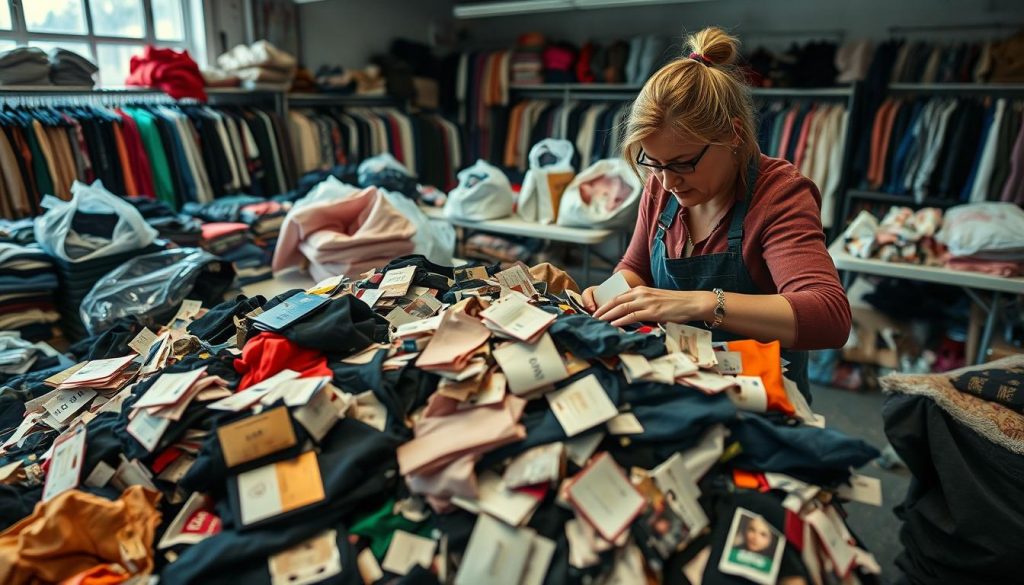 Person sorting through low-quality fast fashion items that are difficult to resell, highlighting challenges in the Gen Z UK thrifting boom