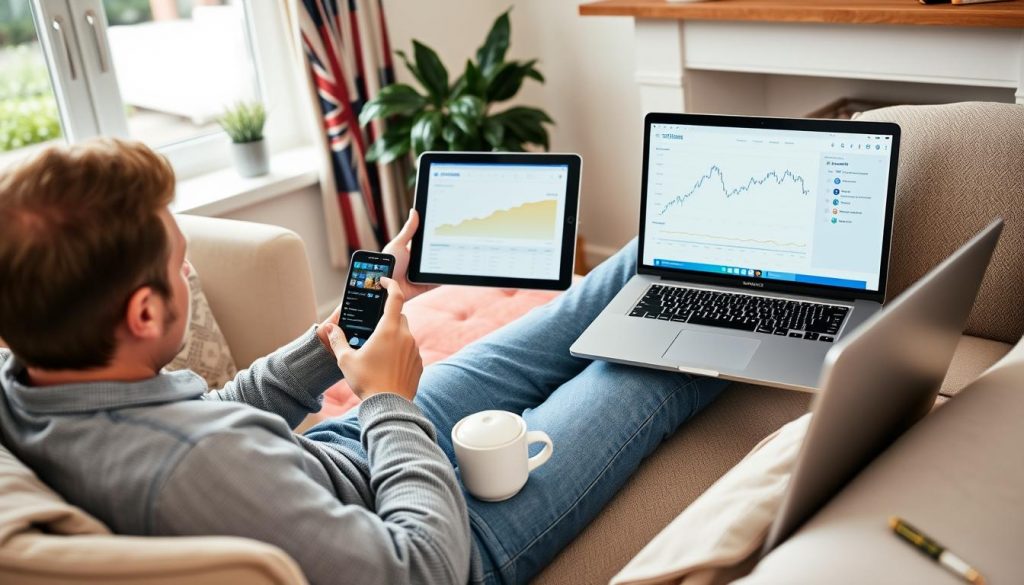 Person using multiple UK personal finance tools across devices to manage budgeting, investing, and retirement planning