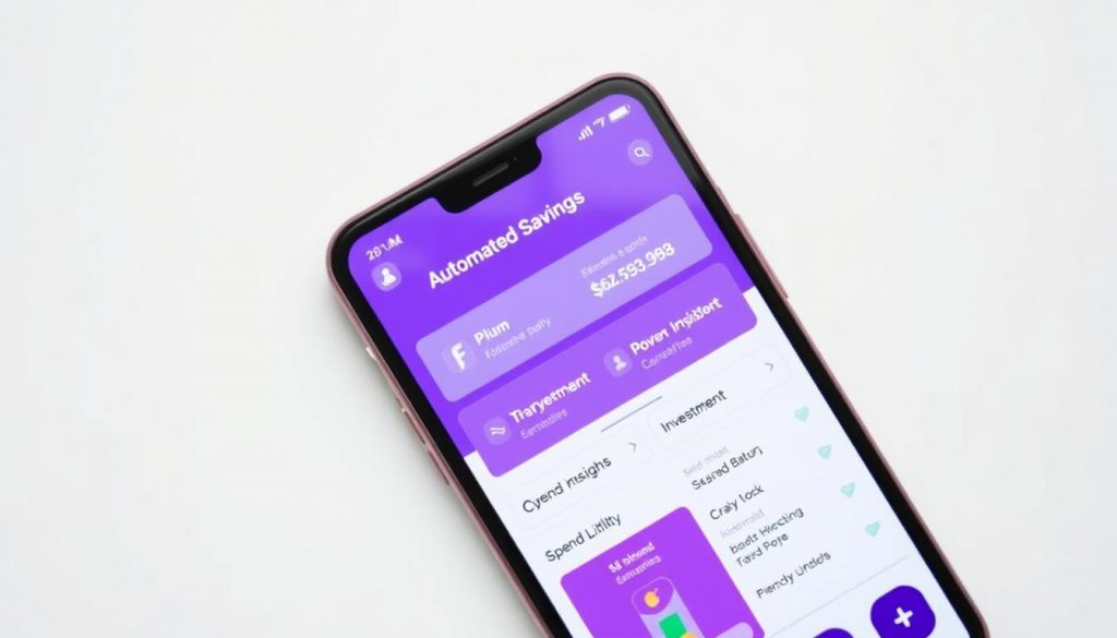 Plum app interface showing automated savings features, investment options, and spending insights tailored for UK users