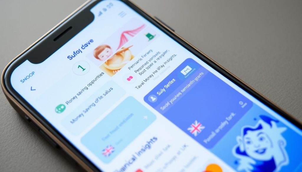Snoop app interface showing money-saving opportunities, bill analysis, and personalized financial insights for UK consumers