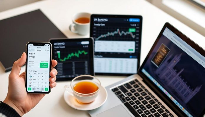 UK Personal Finance Trends and Tools visualization showing digital banking, investment apps, and budgeting tools on smartphone and laptop screens