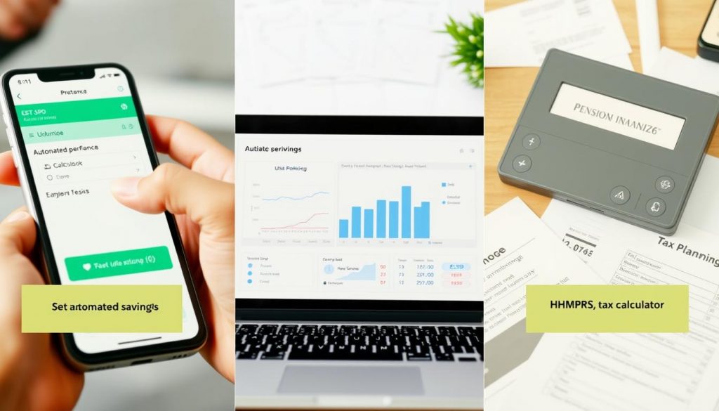 UK personal finance management showing automated savings setup, pension review, and tax planning with digital tools