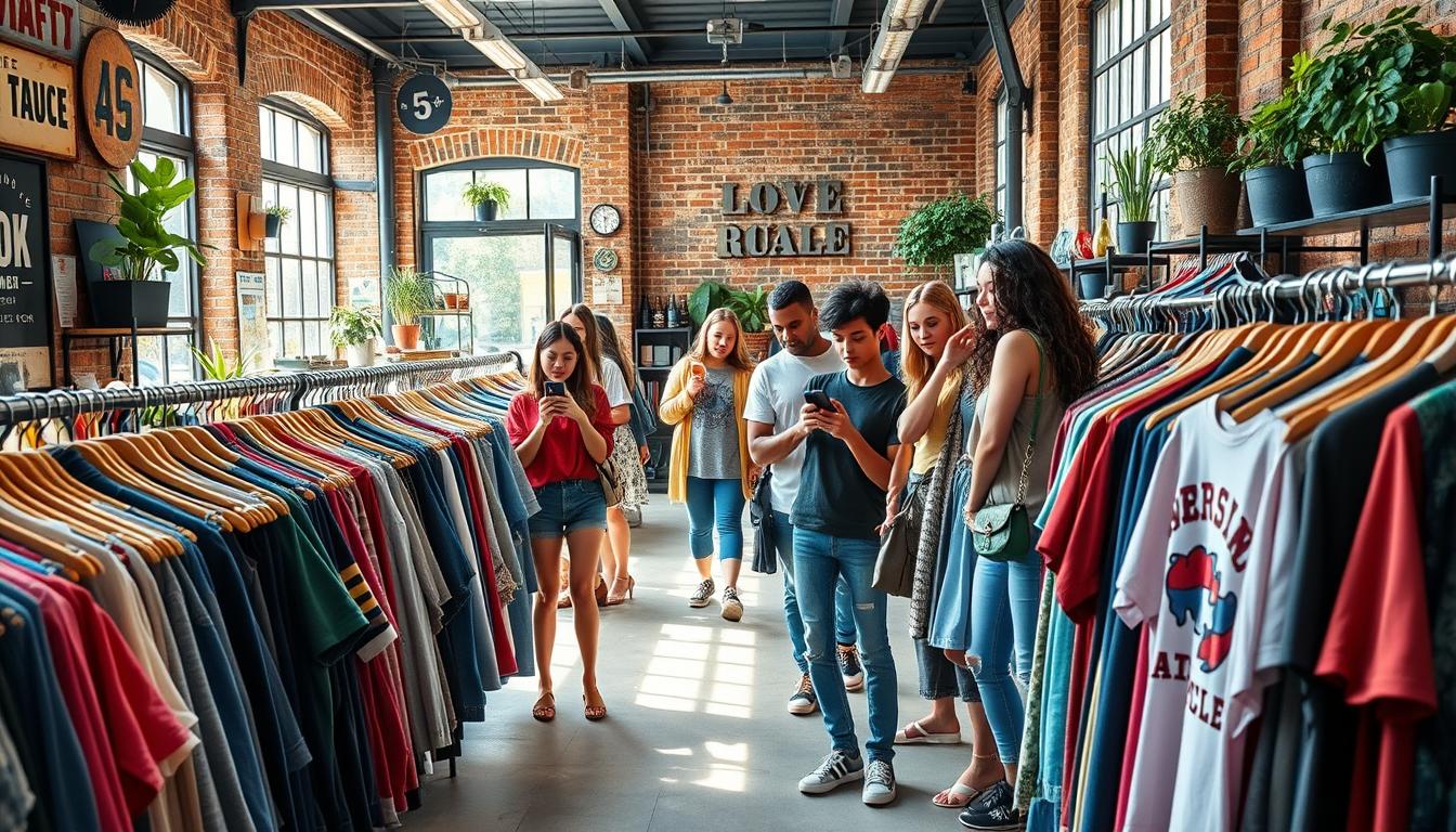 Young Gen Z shoppers browsing through racks of secondhand clothing in a trendy UK thrift store with the Gen Z UK thrifting boom visible through colorful vintage items