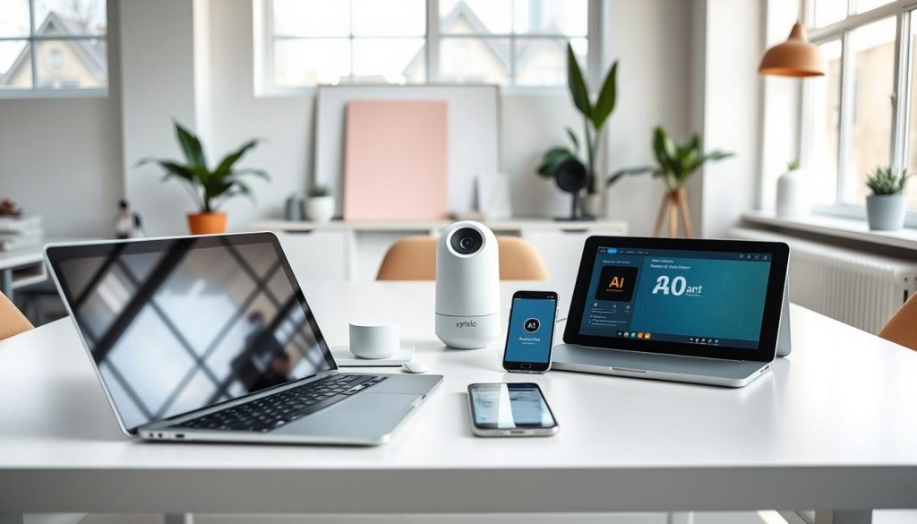 A bright and airy office space with an organized array of productivity-boosting AI tools on a clean, modern desk. In the foreground, a sleek laptop, a tablet, and a smartphone are neatly arranged, their screens showcasing AI-powered productivity apps. In the middle ground, a state-of-the-art voice assistant, a high-resolution webcam, and a smart speaker blend seamlessly into the workspace. The background features minimalist decor and large windows, flooding the scene with natural light and a sense of tranquility. The overall mood is one of efficiency, innovation, and a thoughtful approach to leveraging AI technology to enhance small business operations.