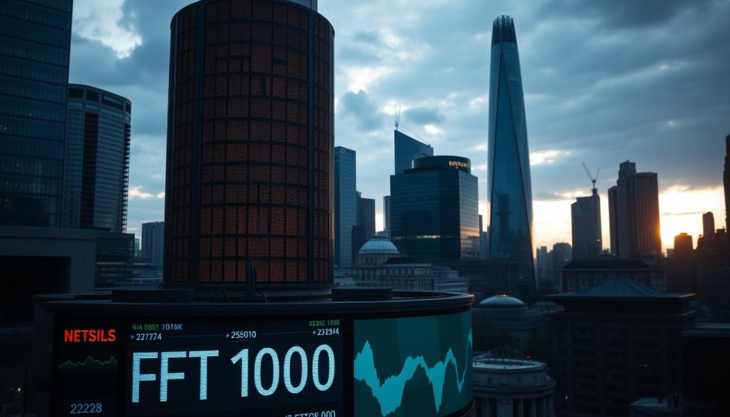 A bustling London cityscape, the towering skyscrapers of the financial district casting dramatic shadows. In the foreground, a large digital stock market display board shows the FTSE 100 index, the numbers fluctuating rapidly as traders react to the latest economic news. The mood is tense, with a sense of uncertainty and anticipation in the air. The lighting is cool and moody, with a hint of golden sunset hues creeping in from the edges. The camera angle is slightly elevated, capturing the energy and dynamism of the scene below. The overall atmosphere evokes the high-stakes world of international finance, where decisions made in European policymaking circles can have immediate and profound impacts on the UK's markets and economy.