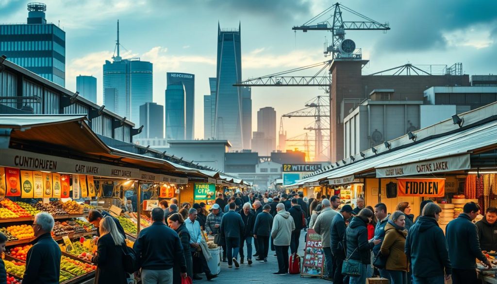 A bustling UK market scene, illuminated by warm, golden lighting. In the foreground, a vibrant array of stalls showcasing an assortment of products, from fresh produce to handcrafted goods. The middle ground features a crowd of diverse individuals engaged in lively transactions, their expressions conveying a sense of growth and opportunity. In the background, towering modern buildings and infrastructure symbolize the technological advancement and industrial progress shaping the UK's evolving hydrogen fuel cell landscape. The scene exudes a dynamic energy, capturing the essence of the market's growth and the promising future of the hydrogen industry within the UK.