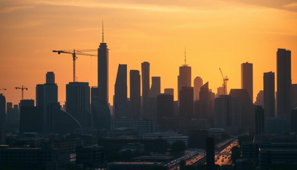 A bustling city skyline at golden hour, towering skyscrapers and cranes silhouetted against a warm, glowing sky. In the foreground, a thriving business district teeming with people, cars, and the energy of economic activity. The scene is captured through a wide-angle lens, emphasizing the scale and dynamism of growth. Soft, directional lighting casts long shadows, creating a sense of depth and dimensionality. The overall mood is one of optimism, progress, and the promise of a prosperous future.