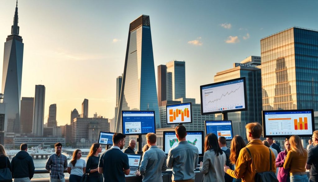 A bustling city skyline with modern glass-and-steel skyscrapers, reflecting the vibrant financial hub of the UK. In the foreground, an array of digital investment platforms are displayed on various screens and devices, showcasing their intuitive interfaces and wide range of financial products. The middle ground features a diverse group of investors, both young and old, actively engaged with their portfolios, highlighting the growing importance of accessible, mobile-friendly investment tools. The background bathes the scene in a warm, golden light, conveying a sense of stability, growth, and the bright future of the UK's investment landscape.