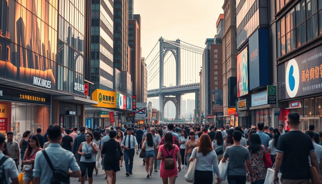 A bustling city street in the heart of a thriving metropolis, with towering skyscrapers and neon-lit storefronts casting a warm glow over the scene. In the foreground, a diverse crowd of people navigates the busy sidewalks, carrying shopping bags and briefcases, representative of the dynamic international trade and commerce taking place. The middle ground features a mix of traditional and modern architecture, reflecting the blending of cultural influences. In the background, a majestic suspension bridge spans a winding river, symbolizing the connectivity and accessibility of global markets. The image is bathed in a soft, diffused lighting, creating a sense of energy and opportunity, capturing the essence of a new chapter in UK-China trade.
