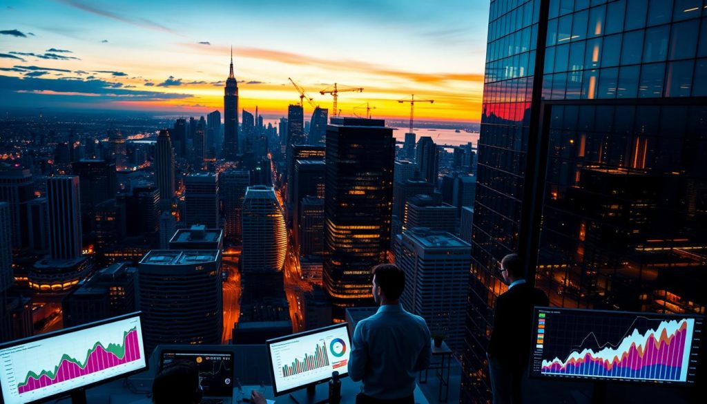 A bustling cityscape at dusk, skyscrapers and cranes dotting the horizon, casting long shadows across a thriving urban landscape. In the foreground, a sleek, modern office building rises, its glass facade reflecting the vibrant colors of the setting sun. Inside, teams of professionals collaborate, charts and graphs illuminating their screens as they chart the trajectory of a growing business, the data visualizations conveying the steady, compounding progress of their venture. The image radiates a sense of momentum, of an entrepreneurial spirit pushing ever forward, defying the "overnight success" myth through sheer determination and a data-driven approach.