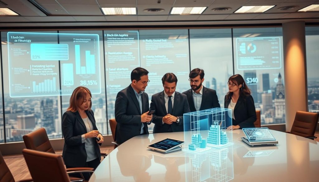 A bustling corporate office, with a large holographic display showcasing various blockchain applications. In the foreground, a team of executives intently analyzing real-time data and case studies, their expressions a mix of fascination and deep contemplation. In the middle ground, a glossy, minimalist table hosts an array of sleek devices, each projecting 3D visualizations of blockchain-powered financial transactions and supply chain logistics. The background reveals a panoramic city skyline, hinting at the global impact of these innovative technologies. The scene is bathed in a warm, ambient lighting, conveying a sense of forward-thinking progress and practical applications of blockchain in the realm of corporate finance.