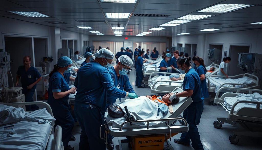 A bustling emergency care unit, bathed in harsh fluorescent lighting that casts stark shadows. In the foreground, a team of medical professionals in scrubs and PPE frantically work to stabilize a critically ill patient on a gurney, their expressions intense with focus and urgency. In the middle ground, additional gurneys line the walls, each occupied by a patient in need of immediate attention. The background is a blur of activity, with nurses rushing between rooms, the sound of machines beeping and alarms echoing throughout the space. The atmosphere is tense, but the team works with unparalleled coordination and efficiency, showcasing the unwavering dedication of the NHS in providing urgent, life-saving care.