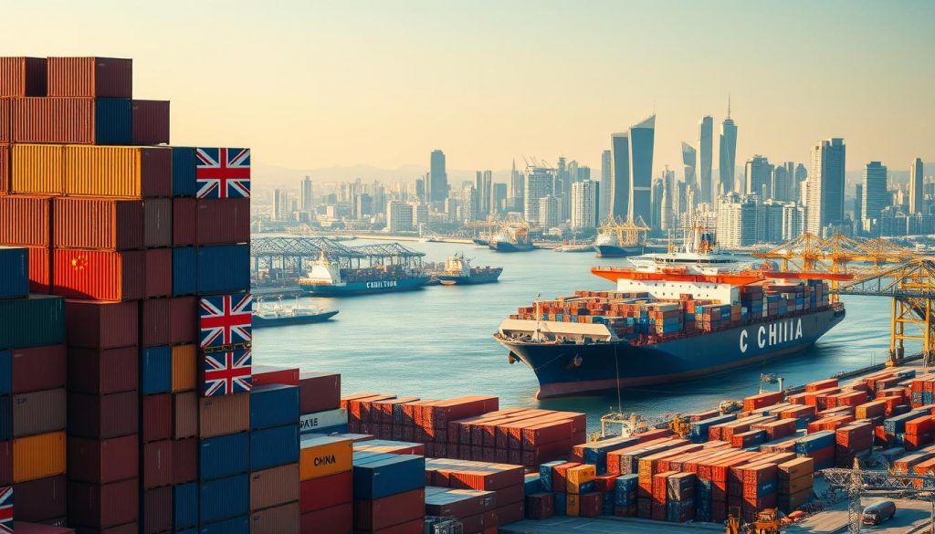 A bustling port scene depicting the current state of bilateral trade between the United Kingdom and China. In the foreground, towering shipping containers are meticulously stacked, their vivid colors and sharp lines creating a visually striking composition. In the middle ground, massive cargo ships glide across the calm waters, their hulls emblazoned with the flags of both nations. The background is dominated by a sprawling cityscape, with modern skyscrapers and bustling infrastructure highlighting the economic interconnectedness of these two global powers. The scene is illuminated by a warm, golden light, casting a sense of optimism and prosperity over the entire tableau. The overall mood is one of dynamic progress and mutually beneficial exchange.