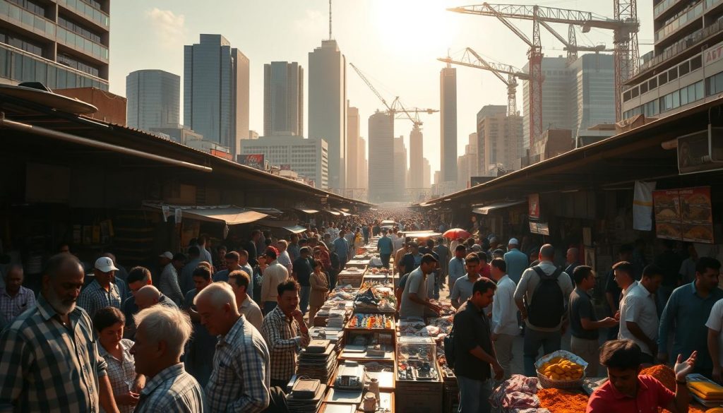 A bustling trade market in the heart of a vibrant city, with towering skyscrapers and cranes in the background, casting long shadows under the warm afternoon sun. In the foreground, a diverse crowd of traders and merchants haggling over goods, their faces filled with concentration and determination. The middle ground features a maze of stalls and tables, showcasing a wide array of products - from electronics and textiles to exotic spices and artwork. The scene is alive with the energetic buzz of commerce, the clatter of negotiations, and the lively colors of the wares on display. Captured with a wide-angle lens to convey the scale and dynamism of the trade market, this image evokes the essence of the global financial and economic connections that shape the world of cryptocurrency and stocks.