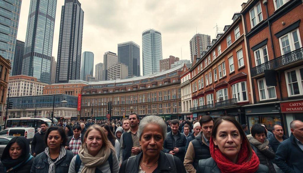 A bustling urban landscape, towering skyscrapers juxtaposed with humble row houses, reflects the diverse impact of legal and illegal immigration in the UK. In the foreground, a group of people of varying ages and ethnicities navigate the busy streets, their faces conveying both hope and uncertainty. The middle ground is a mosaic of storefronts, bustling with activity, hinting at the economic integration of new arrivals. The background is a cloudy, yet softly-lit sky, evoking a sense of transition and change. The scene is captured with a wide-angle lens, providing a comprehensive view of the complex, multilayered dynamics at play. The overall mood is one of dynamism and tension, reflecting the nuanced economic realities of migration in the UK.