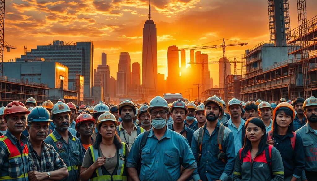 A bustling urban scene with a towering city skyline in the background, illuminated by warm, golden hues of sunset. In the foreground, a diverse group of workers - from construction workers to service industry employees - stand together, their faces etched with concern as they contemplate the impact of rising living costs on their day-to-day lives. The middle ground features a mix of modern architecture and aging infrastructure, symbolizing the complex socioeconomic forces at play. The overall atmosphere conveys a sense of unease and uncertainty, reflecting the structural challenges faced by the working class in the current economic climate.