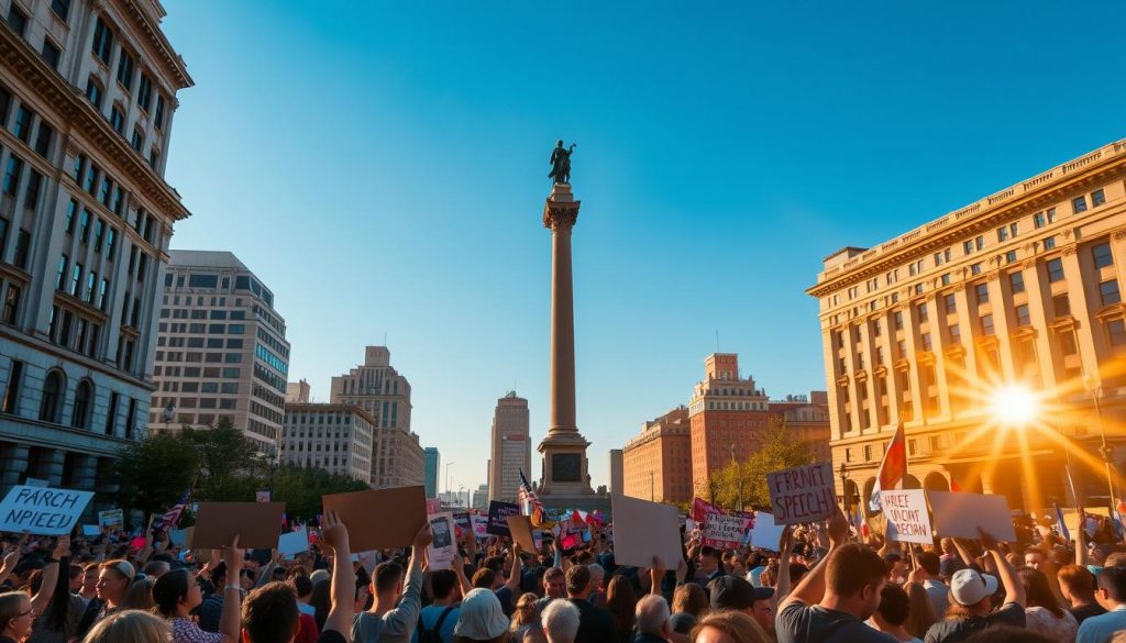 A city square bathed in warm, golden sunlight, with a large crowd gathered in the foreground, holding up placards and banners expressing their right to free speech. In the middle ground, a towering statue or monument symbolizes the democratic ideals that underpin this public gathering. The background features the iconic architecture of an urban center, with a clear, blue sky overhead, conveying a sense of openness and civic pride. The scene exudes a feeling of peaceful yet resolute determination, as the people exercise their fundamental democratic freedoms.