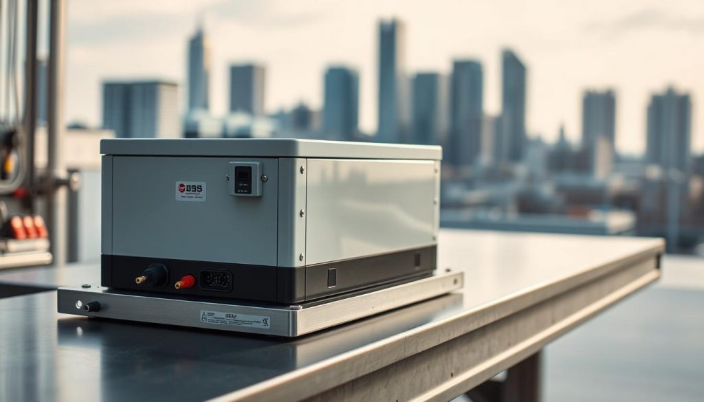 A clean, modern battery backup system resting on a metal workbench, illuminated by soft, diffused lighting. The battery housing is sleek and minimalist, with clearly labeled ports and indicators. In the background, a blurred city skyline suggests the system's practical application in urban settings, hinting at the role of clean energy in powering essential infrastructure. The overall scene conveys a sense of reliability, efficiency, and the technological advancements powering the transition from diesel generators.