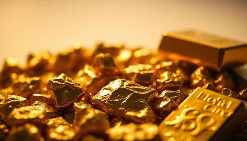 A close-up shot of a pile of shimmering, faceted gold nuggets and bullion bars, illuminated by warm, soft lighting that casts intricate shadows and highlights the metal's intricate textures and luster. The gold items are arranged in the foreground, with a blurred, minimalist background suggesting a sense of wealth, stability, and timelessness. The composition evokes a sense of the enduring value and allure of gold as a hedge against economic uncertainty.