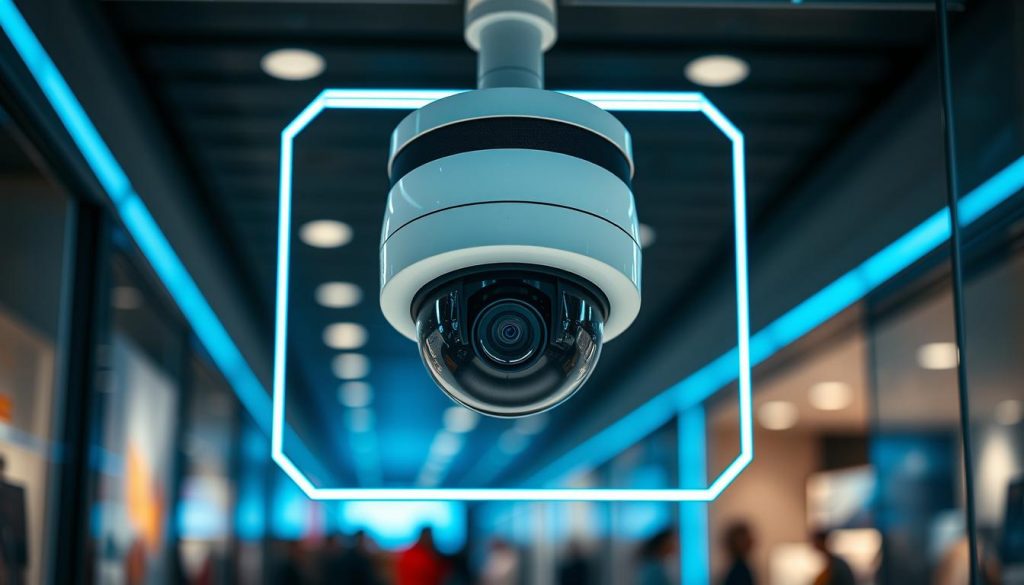 A close-up view of the latest facial recognition technology used in UK retail stores. The scene depicts a modern, sleek surveillance camera installed at the entrance of a shopping mall, capturing the faces of customers as they enter. The camera is surrounded by a minimalist, high-tech frame, with subtle blue lighting that creates a sense of futuristic, clinical efficiency. The background is blurred, emphasizing the focus on the camera and the idea of security and monitoring. The overall tone is one of technological advancement and a subtle sense of unease, reflecting the ongoing debate around the use of such systems in public spaces.