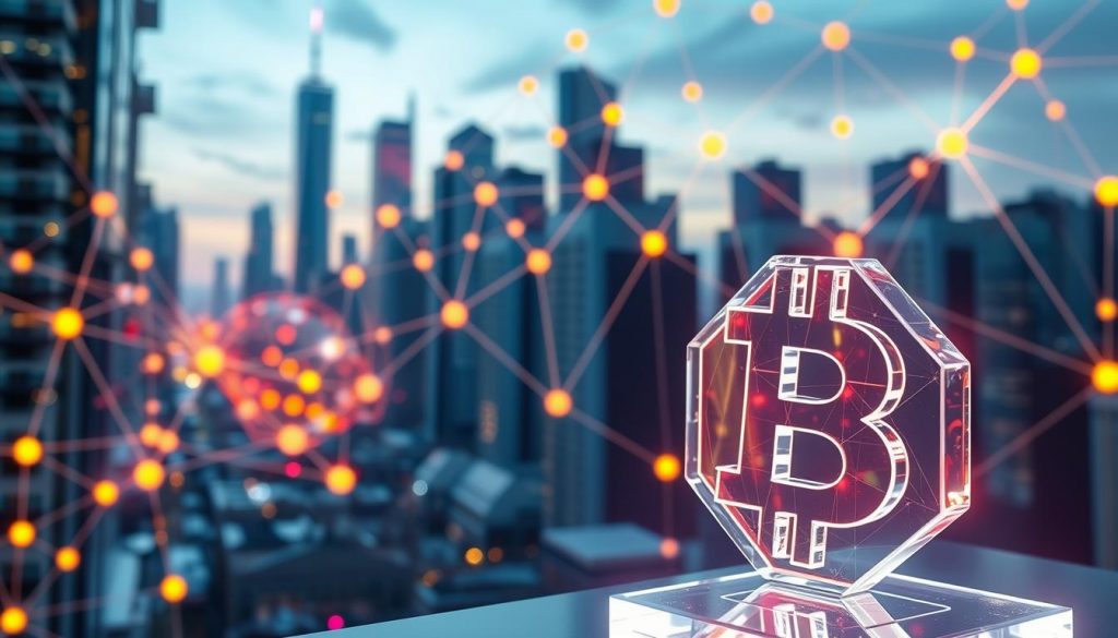 A complex network of interlinking blockchain nodes, each representing a fractional ownership stake in a larger asset. Bright, colorful geometric shapes and patterns flow through the system, visualizing the flow of data and transactions. In the foreground, a clear, high-resolution 3D render of a blockchain symbol, its facets shimmering under crisp lighting. The background features a futuristic cityscape with towering skyscrapers, hinting at the integration of this technology into the modern financial landscape. An atmosphere of innovation, accessibility, and technological progress pervades the scene.