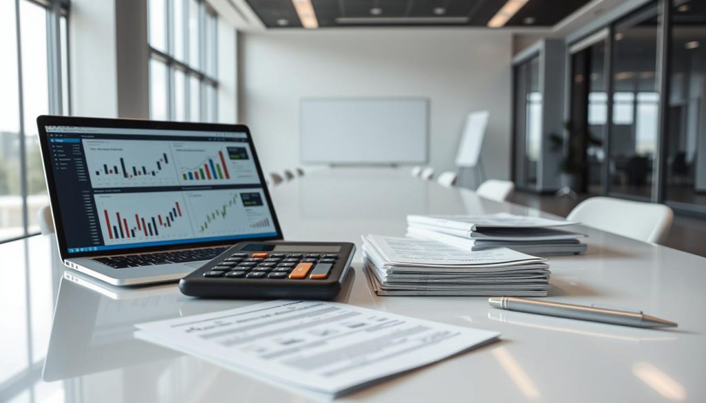 A comprehensive portfolio of financial planning services, artfully displayed on a sleek, modern desk. The foreground features an open laptop showcasing interactive charts and graphs, alongside a tablet displaying portfolio management software. The middle ground includes a neatly organized stack of financial documents, complemented by a professional-grade calculator and a minimalist pen. The background depicts a serene office setting, with floor-to-ceiling windows allowing natural light to flood the space, creating a sense of clarity and professionalism. The overall composition conveys a harmonious blend of technology, expertise, and attention to detail, embodying the capabilities of a cutting-edge robo-advisor.