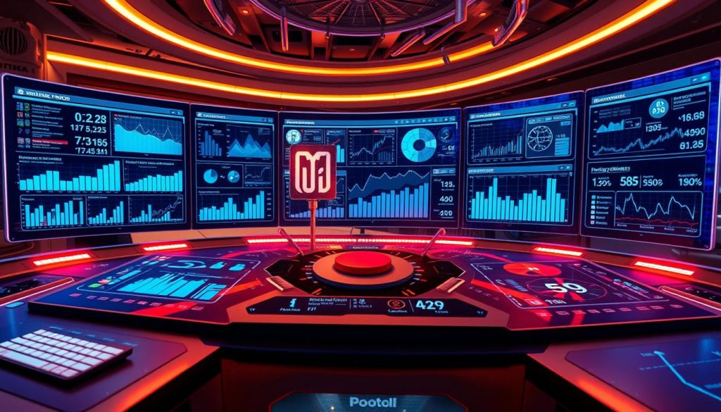 A cutting-edge fintech control panel showcasing a panoramic dashboard of real-time data visualizations. The foreground features sleek, touch-enabled user interfaces with intuitive navigation, secure login, and streamlined financial transaction processing. The middle ground depicts holographic graphs, charts, and predictive analytics projecting market trends and risk factors. In the background, a futuristic server room hums with the activity of embedded AI algorithms processing vast datasets. Warm lighting and metallic accents create a sophisticated, high-tech ambiance evoking the convergence of traditional banking and innovative financial technology.