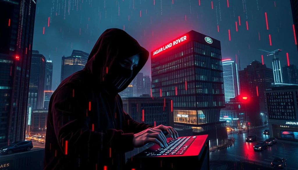 A cyberpunk cityscape at night, with towering skyscrapers and neon-lit streets. In the foreground, a sinister-looking hacker in a dark hood and mask, their fingers typing rapidly on a holographic keyboard. Cascading lines of binary code and glitching digital artifacts fill the air, reflecting the vulnerability of the Jaguar Land Rover corporate headquarters in the background, illuminated by flashing red alert lights. An ominous atmosphere of technological disruption and impending danger pervades the scene, capturing the essence of the growing threat of cyber-attacks targeting major British companies.