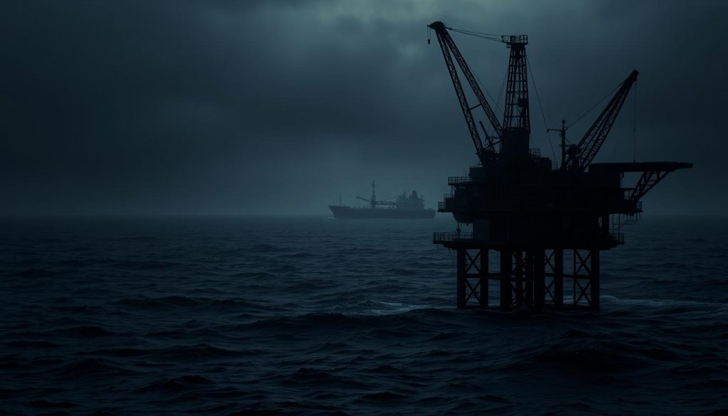 A dark, foreboding offshore oil rig looming over a choppy, grey North Sea. Weathered metal platforms and scaffolding cast long shadows in the dim, moody lighting. In the background, a silhouette of an aging tanker ship drifts on the horizon, a symbol of the region's dwindling energy production. The rig's cranes and pipes stand idle, a manifestation of the stifling policy environment stifling homegrown oil and gas investment. An atmosphere of uncertainty and neglect pervades the scene, underscoring the challenges facing the UK's domestic energy industry.