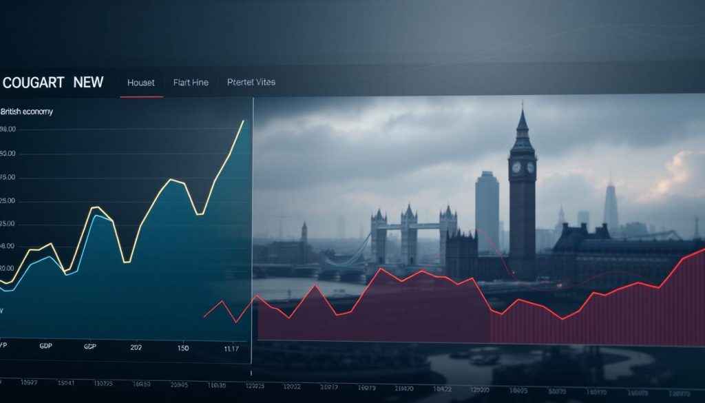 A data visualization dashboard displaying real-time economic indicators. The foreground shows large, glowing graphs tracking GDP and inflation rates, rendered in a sleek, minimalist style with sharp lines and bold colors. The middle ground features an abstract landscape of shapes and symbols representing the British economy, in muted tones that evoke a sense of cautious uncertainty. The background is a subdued, atmospheric scene suggesting the cityscape of London, with subtle hints of the iconic landmarks shrouded in a hazy, overcast light, creating a contemplative, pensive mood.