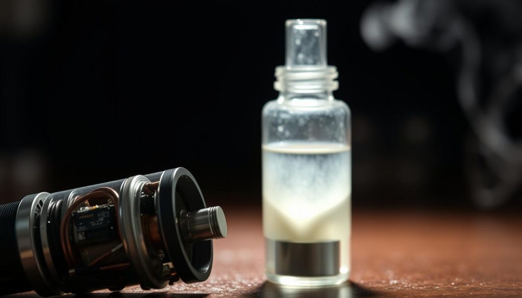 A detailed close-up view of the interior components and chemical contents of an e-cigarette device. In the foreground, a disassembled e-cigarette reveals its complex array of wires, coils, and small electronic parts, suggesting the technological complexity and potential risks within. In the middle ground, a transparent chemical vial or cartridge is prominently displayed, filled with an opaque, mysterious liquid that represents the unknown and potentially hazardous substances found in vaping products. The background is blurred and dark, creating a sense of uncertainty and the hidden dangers lurking within these "black box" devices. Dramatic studio lighting casts dramatic shadows, heightening the ominous mood and the need for closer inspection and regulation of these products.