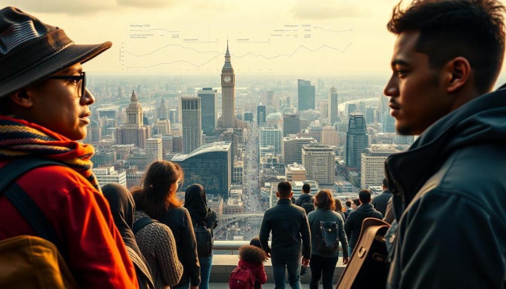 A detailed comparative analysis of the economic impact of legal and illegal immigration in the UK in 2025. In the foreground, two distinct groups of immigrants - legal and illegal - represented through their distinct attire, demeanor, and body language. In the middle ground, a vibrant cityscape filled with bustling activity, economic indicators, and infrastructure. The background showcases a data visualization dashboard highlighting key metrics, trends, and contrasts between the two immigration categories. The scene is bathed in warm, directional lighting that emphasizes the dynamic interplay between the human elements and the data-driven insights. Captured through a wide-angle lens, the image conveys a sense of scale, complexity, and the multifaceted nature of this critical policy issue.