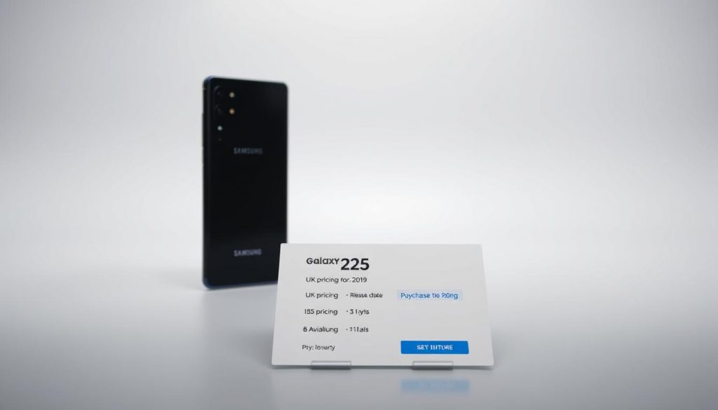 A detailed image of the Samsung Galaxy S25 in a sleek and modern setting, showcasing the UK pricing and availability information. The phone is prominently displayed on a clean, white background, with a soft, even lighting that accentuates its design features. In the foreground, a minimalist information panel presents the UK pricing, release date, and purchasing options in a clear, easy-to-read layout. The middle ground features a subtle gradient or textured background, adding depth and sophistication to the composition. The overall mood is one of elegance, precision, and consumer-focused information, reflecting the high-end nature of the device and the target audience's needs.