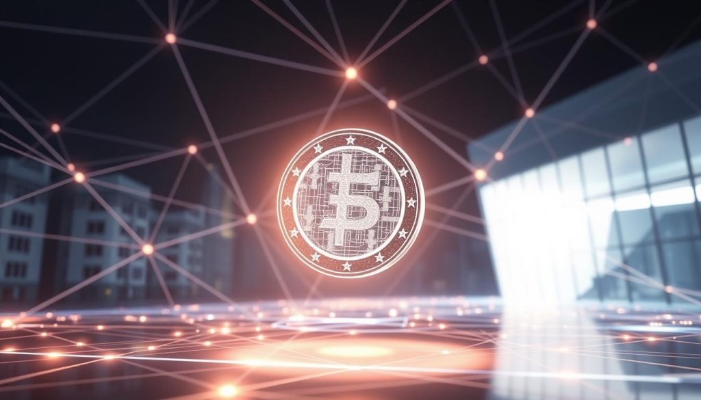 A digital euro, depicted as a futuristic virtual coin, glowing with an ethereal luminescence against a backdrop of sleek, minimalist architecture. The coin hovers amidst a network of abstract lines and polygons, representing the secure blockchain infrastructure that powers this cutting-edge digital currency. The scene is illuminated by a warm, diffused lighting, creating a sense of technological sophistication and innovation. The overall composition conveys the global progress and widespread adoption of central bank digital currencies, shaping the landscape of modern finance.