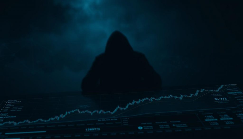 A dimly lit, high-contrast digital landscape. In the foreground, a complex graph or chart depicting various financial metrics, projections, and analysis. In the middle ground, a shadowy figure hunched over a laptop, intensely scrutinizing the data. The background is hazy, with faint outlines of cryptocurrency symbols and blockchain network structures, conveying the sense of a broader, interconnected financial system. The overall mood is pensive, with a subtle undercurrent of unease, reflecting the complexities and potential risks of the subject matter. Moody lighting, a cinematic 24mm lens, and a high depth of field create an atmospheric, almost ominous tone.
