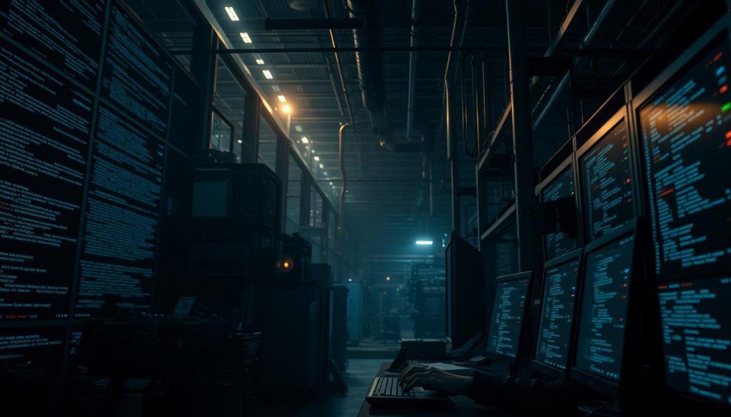 A dimly lit industrial facility, its machinery and infrastructure shrouded in an ominous digital haze. Intricate lines of code cascade across screens, hinting at a sinister cyber attack unfolding. In the foreground, a lone technician frantically types, their face illuminated by the glow of monitors, conveying a sense of urgency and vulnerability. The atmosphere is tense, with shadows casting an ominous presence, reflecting the gravity of the situation faced by the UK's industrial sector.