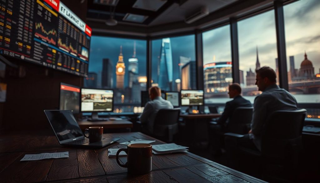 A dimly lit newsroom, the glow of computer screens illuminating the faces of reporters intently studying financial data and news headlines. In the foreground, a worn wooden desk with a laptop, coffee mug, and scattered papers, conveying the sense of a serious, analytical atmosphere. Through the window in the background, a cityscape of towering skyscrapers and the iconic landmarks of London, suggesting the broader economic context. The lighting is subdued, with a mix of warm and cool tones, creating a sense of urgency and importance. The overall mood is one of concern and focus, reflecting the subject matter of the UK economy and potential recession.