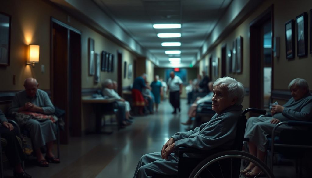 A dimly lit nursing home interior, with an elderly patient sitting alone in a wheelchair, their face etched with a look of loneliness and confusion. In the background, a hallway filled with other patients, some engaged in activities, others neglected and isolated. The lighting is soft and muted, casting shadows that emphasize the sense of disconnect and lack of personalized care. The scene conveys the challenges and gaps in dementia support, highlighting the need for more attentive and compassionate care.