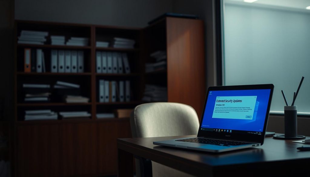 A dimly lit office interior, with a desk and chair in the foreground. On the desk, a laptop displays a Windows 10 desktop, the screen showing a notification about "Extended Security Updates". In the middle ground, a bookshelf filled with technical manuals and documents. The background is hazy, suggesting a sense of uncertainty and the temporary nature of the solution. Soft, warm lighting illuminates the scene, creating a pensive, contemplative atmosphere.