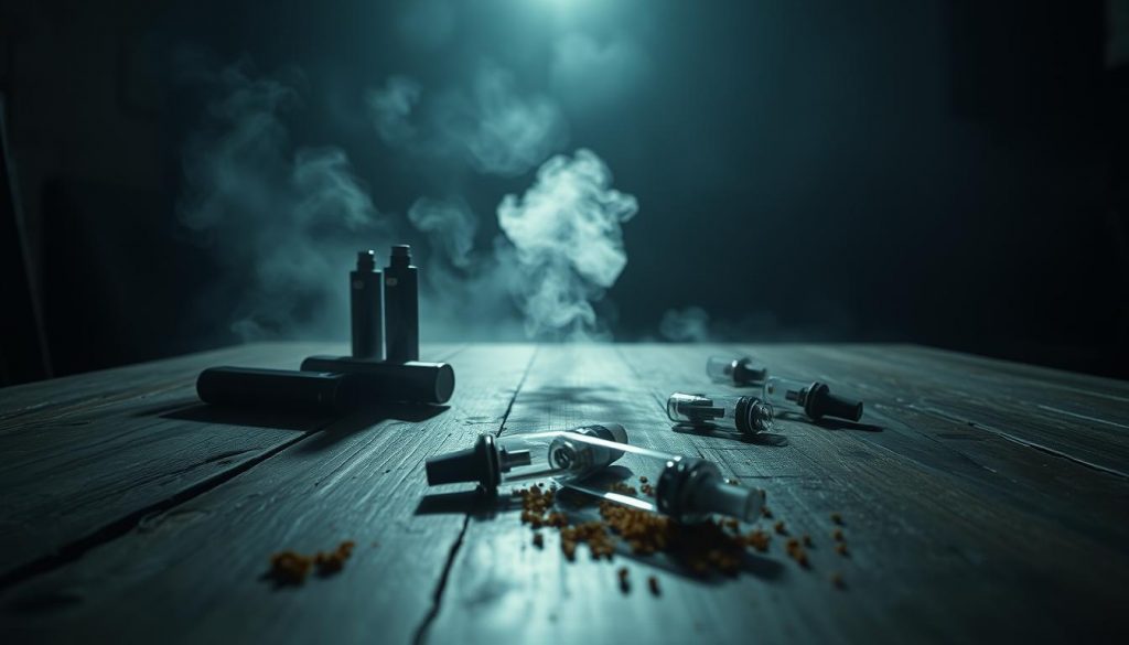 A dimly lit room, the air hazy with the faint aroma of spice-infused vapor. In the foreground, a collection of vape devices sit on a weathered wooden table, their sleek forms casting long shadows. The middle ground reveals a discarded cartridge, its contents spilled and mingling with the gathering mist. In the background, a sense of unease pervades, as the viewer is left to ponder the potential consequences of this illicit practice. The scene is captured with a moody, cinematic lens, drawing attention to the dangerous allure of this emerging trend.