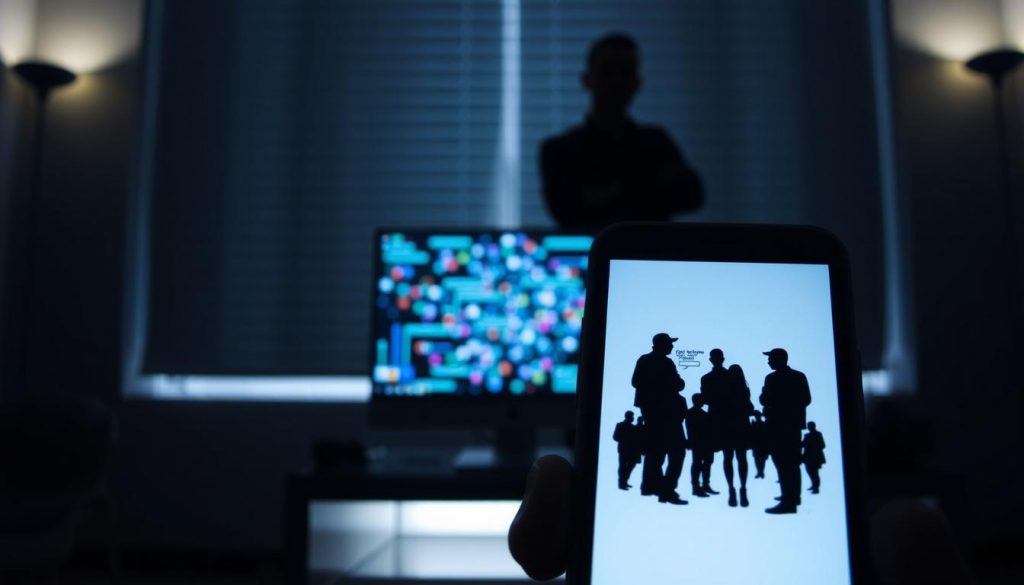 A dimly lit room, the shades drawn, casting a soft, hazy glow. In the foreground, a smartphone screen displays a series of silhouetted figures, representing the notion of surveillance and the encroachment on individual privacy. The middle ground features a desktop computer, its monitor displaying a kaleidoscope of data streams, symbolizing the complexities of the technology landscape. In the background, a shadowy figure stands, arms crossed, reflecting the tension between personal liberties and technological advancements. The scene conveys a sense of unease and the need to strike a delicate balance between progress and privacy.