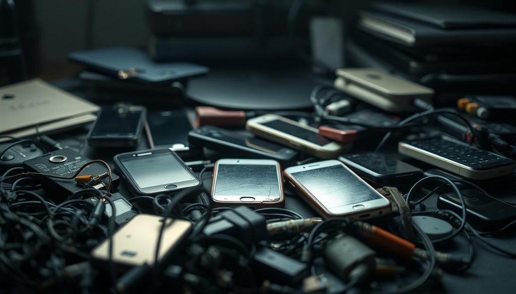 A dimly lit scene of outdated smartphone models, their screens cracked and bezels chipped, arranged haphazardly on a cluttered office desk. Overhead lighting casts a melancholic glow, highlighting their obsolescence. The foreground features a jumble of discarded accessories - tangled cables, worn-out cases, and outdated charging bricks. In the middle ground, the models themselves sit, their once-vibrant colors now faded, a testament to the relentless march of technological progress. The background is blurred, emphasizing the focus on these relics of a bygone era, no longer deemed worthy of the latest software updates.