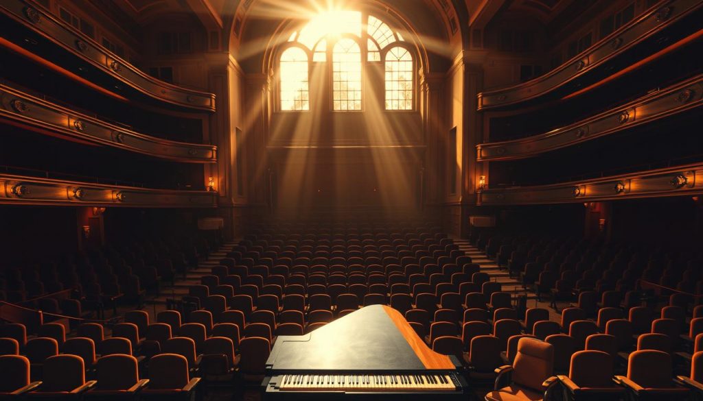 A dramatic overhead shot of a grand concert hall, the stage illuminated by warm, golden lighting. In the foreground, a grand piano sits majestically, its keys glimmering as if ready to be played. The middle ground is filled with rows of elegant, velvet-upholstered seats, their plush cushions inviting the audience to take their place. In the background, the towering arched windows of the hall let in beams of soft, natural light, casting a serene, melodic atmosphere throughout the space. The whole scene exudes a sense of anticipation and reverence for the power of music.