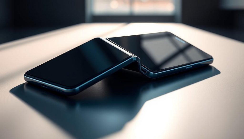 A foldable smartphone resting on a sleek, metallic surface, its dual screens elegantly unfolded to reveal a seamless, futuristic design. The device is bathed in cool, directional lighting, casting dramatic shadows that accentuate its thin, precision-engineered form. In the background, a blurred, minimalist environment suggests a modern, tech-savvy setting. The overall composition conveys a sense of innovation, disruption, and a subtle jab at the perceived stagnation of traditional smartphone designs.