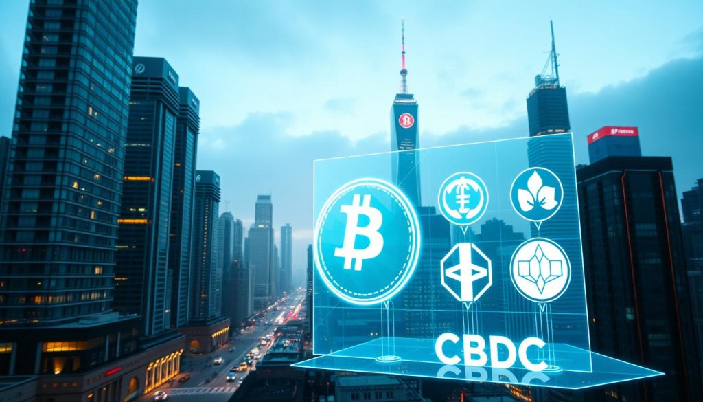 A futuristic cityscape at night, with towering skyscrapers illuminated by a neon-lit skyline. In the foreground, a holographic display showcases various digital currencies, including sleek, polygonal cryptocurrency tokens and stylized CBDC icons. The scene is bathed in a cool, technological glow, with subtle hints of augmented reality elements blending the physical and virtual realms. The atmosphere conveys a sense of innovation, dynamism, and the convergence of traditional and emerging financial systems. The image should evoke a future where digital currencies coexist, compete, or integrate seamlessly within the urban landscape.