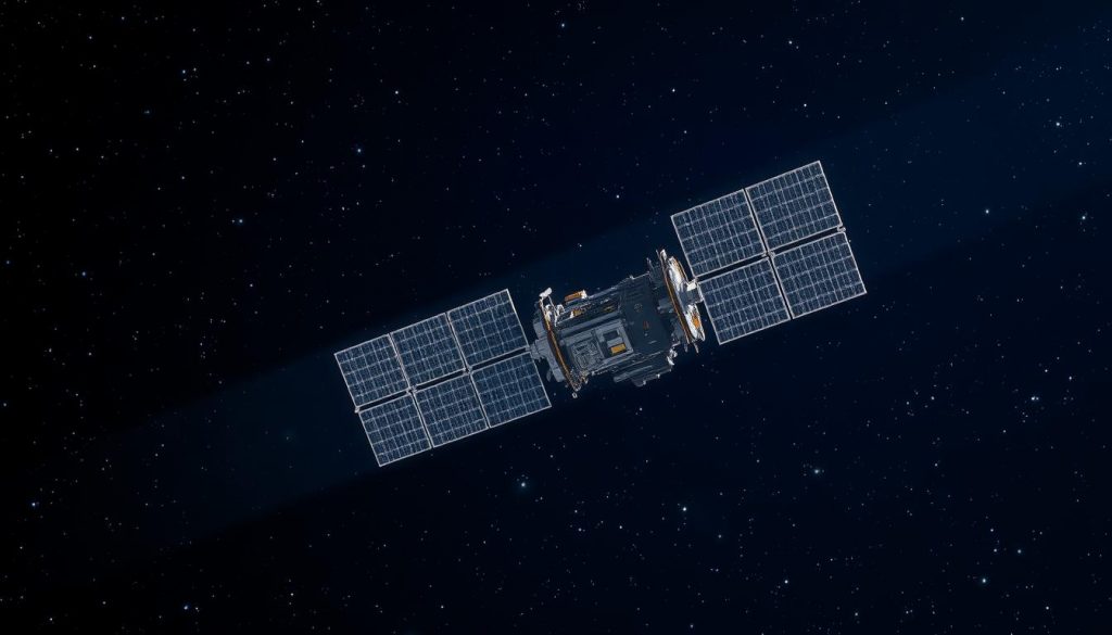A geostationary satellite suspended in the vast, starry sky, its solar panels glinting in the sunlight. The satellite rotates in perfect synchronization with the Earth's rotation, maintaining a fixed position relative to the surface below. The image conveys a sense of technological sophistication and the seamless integration of human-made systems with the natural world. A telephoto lens captures the satellite in sharp detail, highlighting its complex structure and the engineering feats required to achieve this level of precision. The overall tone is one of awe and wonder, reflecting the incredible achievements of modern satellite technology.